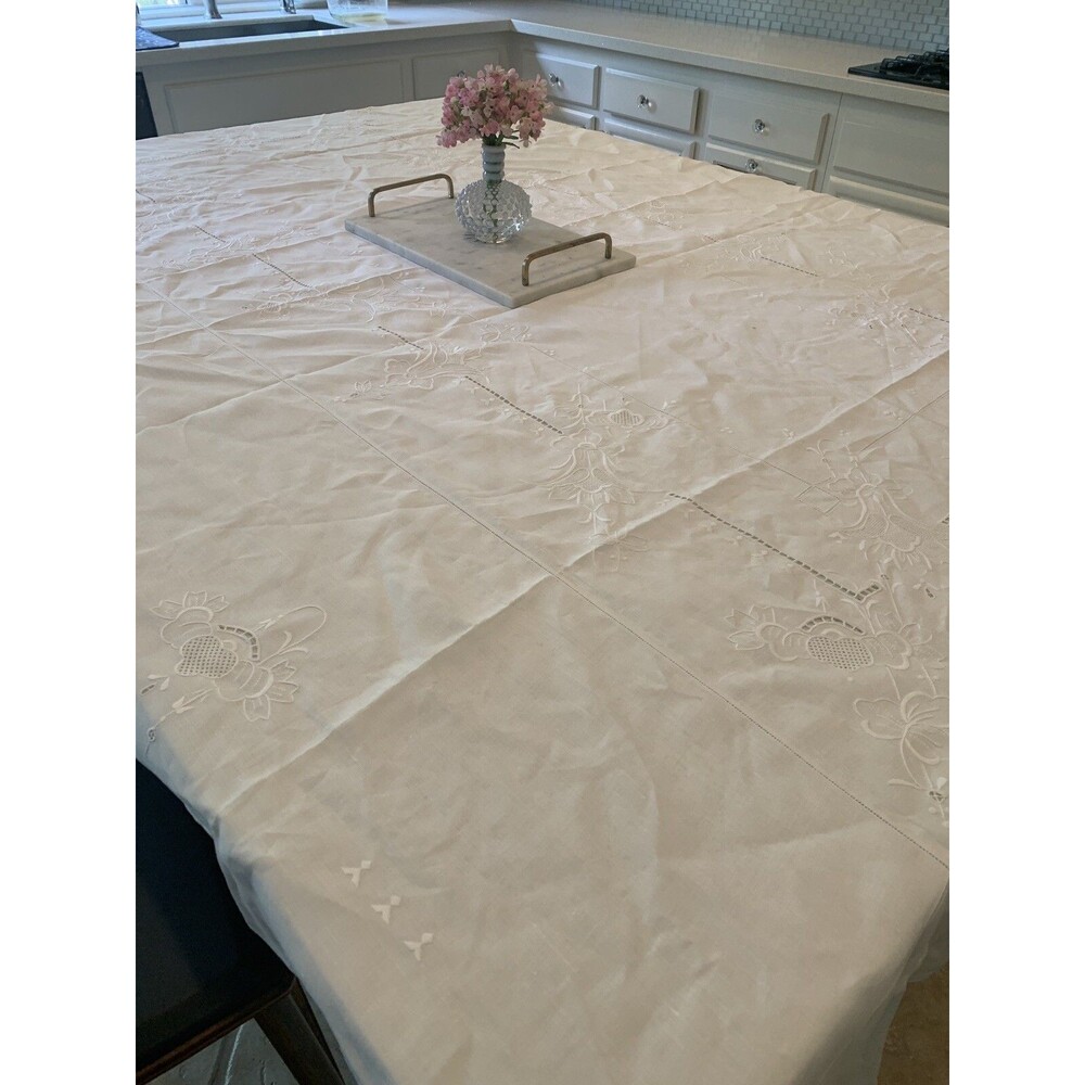 white vintage hand embroidered linen tablecloth 107x67